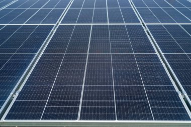 Yeni güneş panelleri çimlerle kaplı olarak yerde duruyor. Yeşil elektrik kavramı