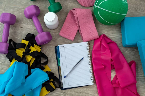 Sports Equipment Form Weights Dumbbell Notebook Pen Colored Mat Sport — Stock Photo, Image