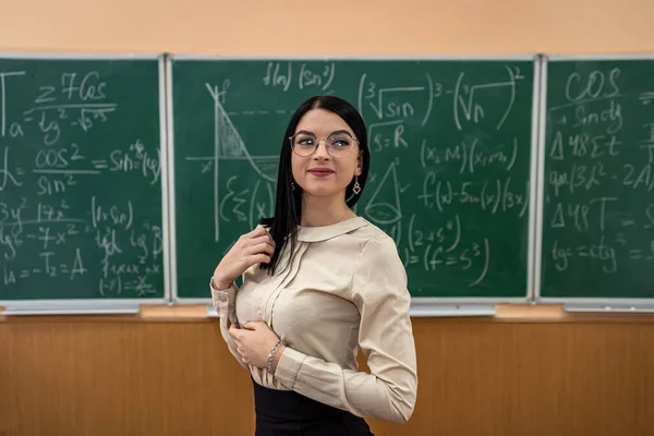 Læreren Forklarer Matematiske Ligninger Tavlen Klasserommet Undersøkelseskonsept – stockfoto