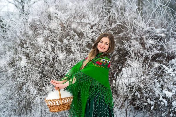 Όμορφη Γυναίκα Πράσινο Φόρεμα Και Καλάθι Την Ημέρα Του Χειμώνα — Φωτογραφία Αρχείου