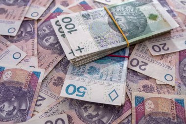 Farklı Polonya parasından yapılmış arka plan 10 20 50 pln zloti banknot, finans konsepti