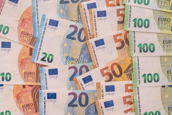 Montón Muchos Billetes Euros Diferentes Concepto Financiación — Foto de Stock