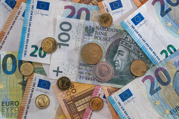 Polaco Dinero Euros Como Fondo Concepto Intercambio Finanzas — Foto de Stock