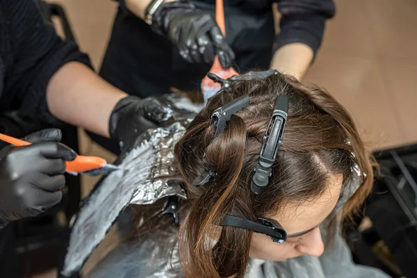 Mooie Jonge Klant Kwam Naar Salon Haar Haar Verven Haarkleuring — Stockfoto