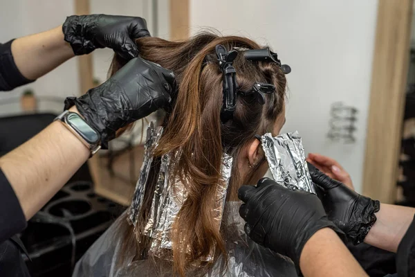 Koyu saçlı, güzel, genç bir kadın. Saçları açık renk, bukleler için özel bir araç. Seçkin bir salonda saç aydınlatma konsepti