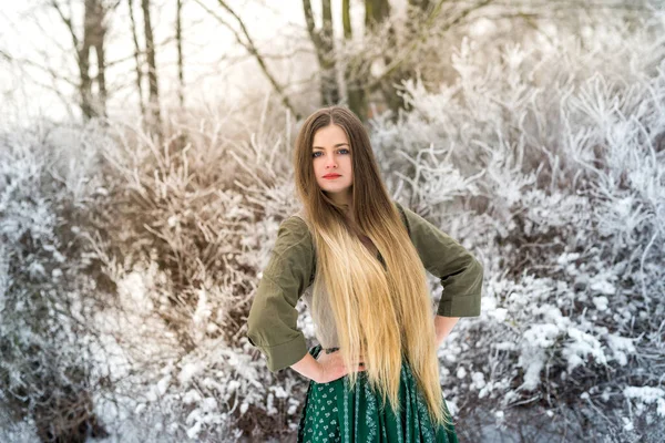 美しいですブロンドポーズ屋外で冬の森 — ストック写真