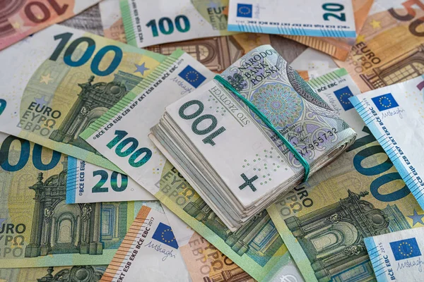 Calculadora Zloty Polaco Billetes Euros Concepto Financiero — Foto de Stock