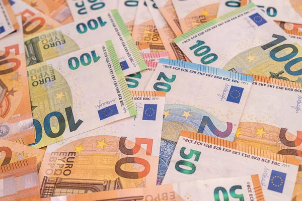 Billetes Euros Diferentes Denominaciones Coloridas Como Fondo Concepto Finanzas — Foto de Stock