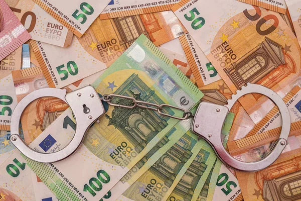 Les Nouveaux Billets Euros Sont Étalés Menottés Dessus Concept Justice — Photo