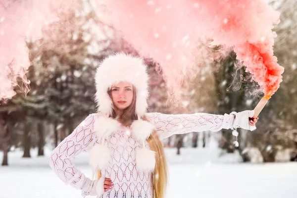 Young Pretty Girl Red Colored Smoke Bomb Hand Winter Day — Stock Photo, Image