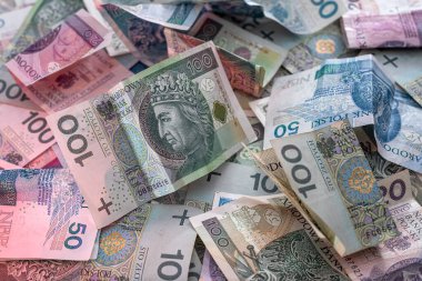 Finans arka planı olarak büyük Polonya zloti banknotlarının düzeni, farklı mezhepler