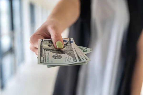 Young Business Woman Dollar Money Hand Stand Office Salary Bribe — Stockfoto