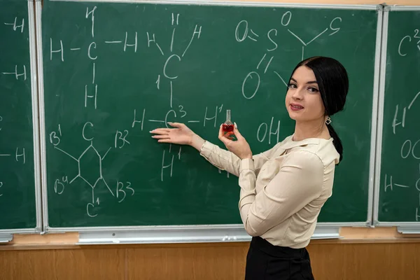 Молодая Красивая Учительница Усвоила Урок Химии Стояла Рядом Доской Химической — стоковое фото