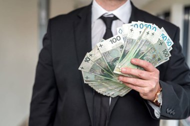 Çok para kazanan yakışıklı bir işadamı yatırım yapmak için zloty 'yi elinde tutuyor. Gelir kavramı