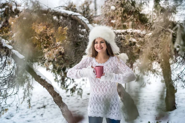 Ritratto Donna Attraente Con Passeggiata Caffè Sul Parco Invernale — Foto Stock