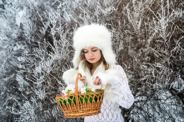 漂亮的女人 穿着篮子和白色毛衣 毛皮帽在冬天的雪地公园里 — 图库照片