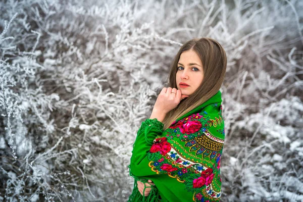 Mulher Com Xale Verde Floresta Inverno — Fotografia de Stock