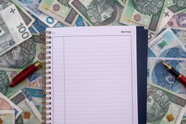 Polonyalı zloty 'lerin arka planında kırmızı kalem olan yeni vakalar için çok kullanışlı yeni bir defter. Zloty arkaplan kavramı