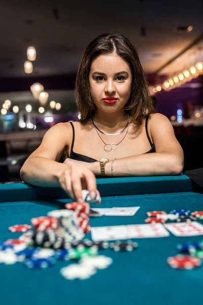Young Attractive Woman Playing Poker Table Stacks Chips Cards Celebrating — Stockfoto