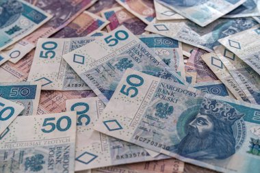 Farklı Polonya parasından yapılmış arka plan 10 20 50 pln zloti banknot, finans konsepti