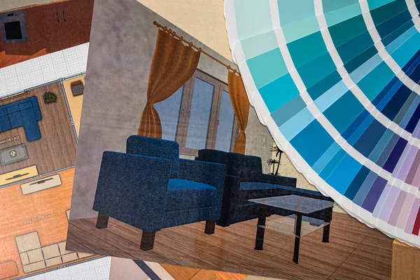 建筑设计图纸更新办公室的彩色调色板图纸 家庭建设和设计概念 — 图库照片