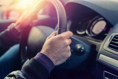 Arabada dolarları tutan güçlü bir adamın elleri. Araba konsepti. İş konsepti