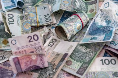 Finans arka planı olarak büyük Polonya zloti banknotlarının düzeni, farklı mezhepler