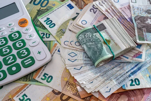Концепція Обміну Польські Гроші Євро Рахунками Калькулятором Багаті — стокове фото