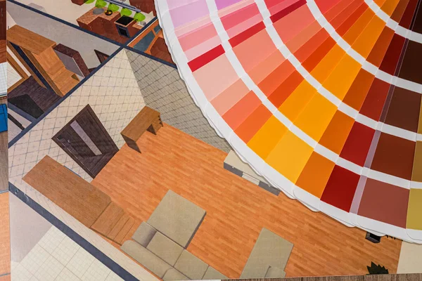 建筑设计和油漆更新的色彩调色板的图纸在办公室 公寓设计概念 — 图库照片