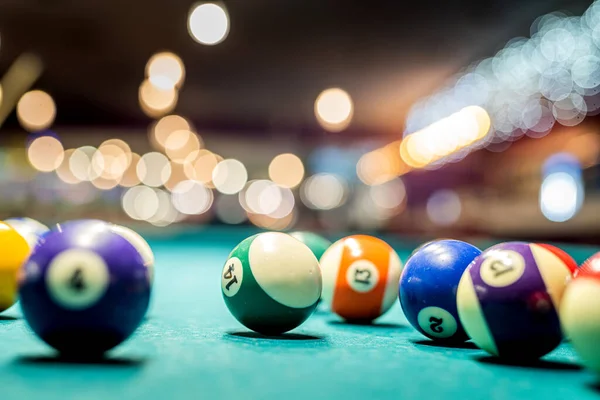 American snooker dilliard balls on the pool table. Set of balls. Sport concept