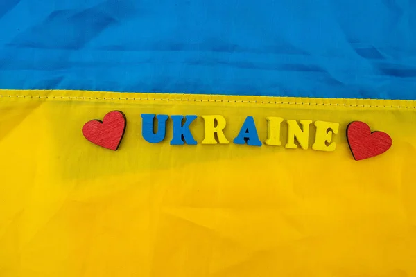 Mooie Oekraïense Vlag Blauw Geel Inscriptie Blokjes Stoppen Oorlog Het — Stockfoto