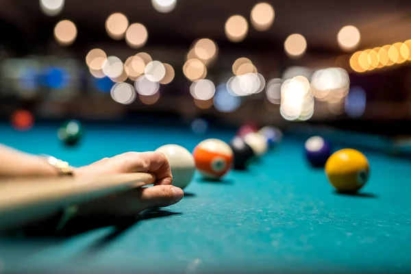 Close Male Female Hand Taking Shot Pool Game Concept — Stock Photo, Image