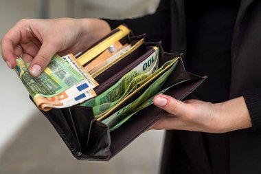hands of a young stylish luxury woman with beautiful eyes holding a wallet in which the euro to pay. Business concept
