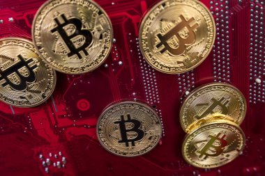 Grafik kartlarındaki bitcoin ya da kırmızı anakart. Madencilik konsepti. Kripto para birimi  