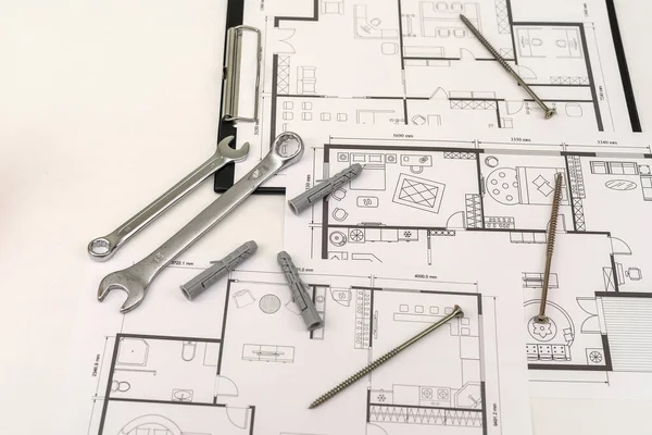 描画装置付きの図面家の計画 不動産の建設 — ストック写真