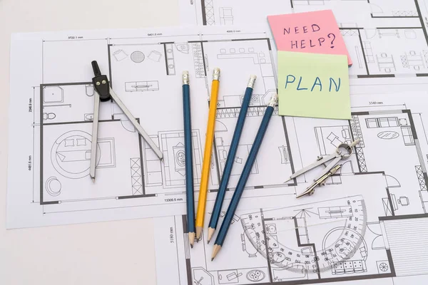 Herramientas Trabajo Con Ayuda Heen Memo Plan Casa Plano Proyecto —  Fotos de Stock