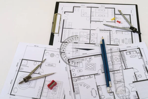 Planos Casa Con Herramientas Trabajo Instrumentos Dibujo Mesa Trabajo Proyectos — Foto de Stock