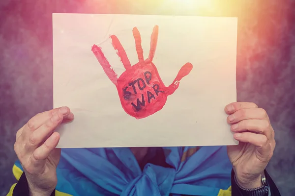 Πατριώτης Του Ουκρανού Στέκεται Επιγραφές Σταματήστε Τον Πούτιν Σταματήστε Τον — Φωτογραφία Αρχείου