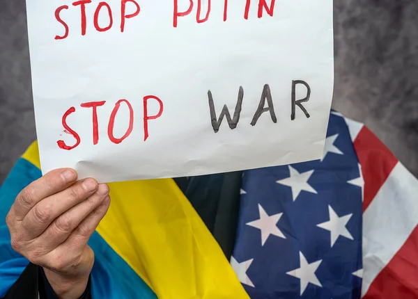 Плакат Остановить Войну Украине Российский Мировой Террорист Санкции Изоляция России — стоковое фото