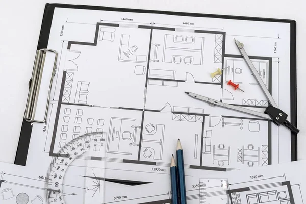 Plano Casa Dibujo Con Instrumentos Dibujo Construcción Inmuebles —  Fotos de Stock