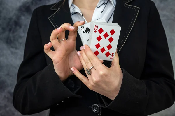 young woman bets in the casino having a winning combination. gambling