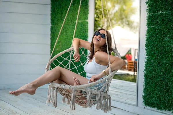 Portrait Young Lady Rocking Chair Resting Studio Shot Lifestyle —  Fotos de Stock