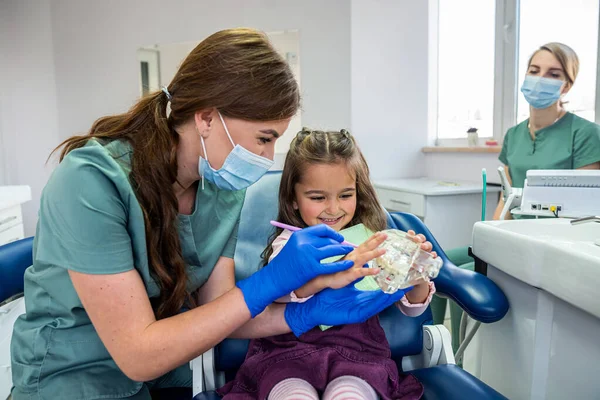 Genç Dişçi Kadın Dişlerini Ağzını Fırçalayıp Küçük Müşterilerine Bakmasını Engelliyor — Stok fotoğraf