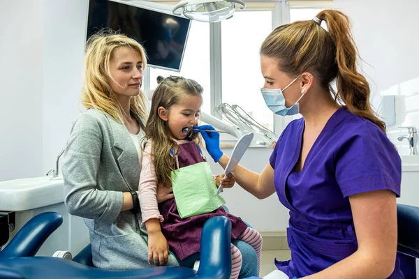 Dişçi, diş kliniğindeki küçük kızın dişlerini inceliyor. Anne, dişçide küçük kızını destekliyor. Sağlık Hizmetleri