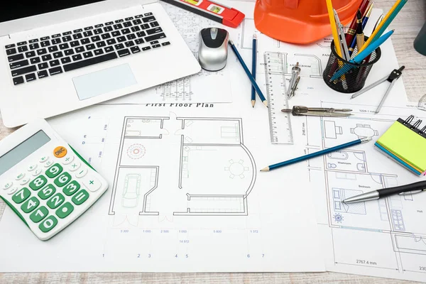 House Project Plan Work Tools Helmet Desk Industrial Concept — Zdjęcie stockowe