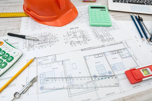 House Plan Blueprint Repair Tools Helmet Desk Real Estate Apartament — Stockfoto