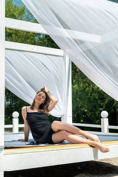 Beautiful Carefree Sexy Woman Lying Gazebo White Curtain Beach Summer — Photo