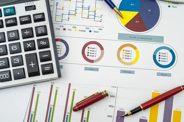 Annual financial document data charts with calculator pen on desk.  financial accounting concept