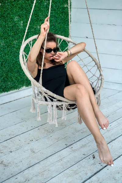 Beautiful Model Black Dress Sunglasses Resting Summer Sitting Rocking Chair — Photo