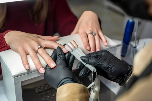 Manicure master with client in beauty salon chooses color of gel polish. Manicure concept